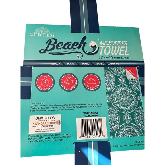 Pair of Turquoise and White Large Microfiber Thin Beach Towels New in Package - Picture 2 of 3